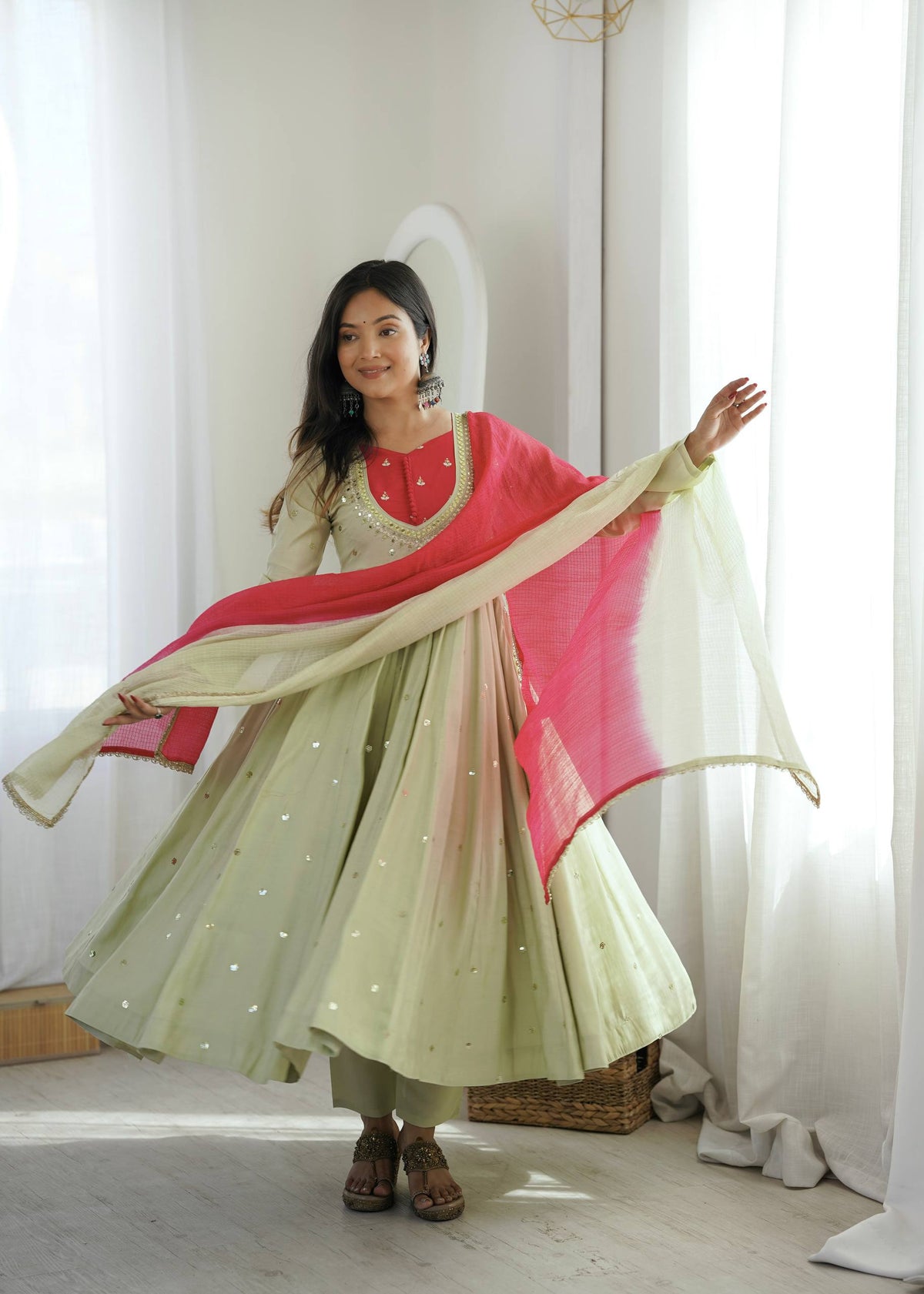 Indian Festive Anarkali Gown with Pant & Shaded Dupatta Set