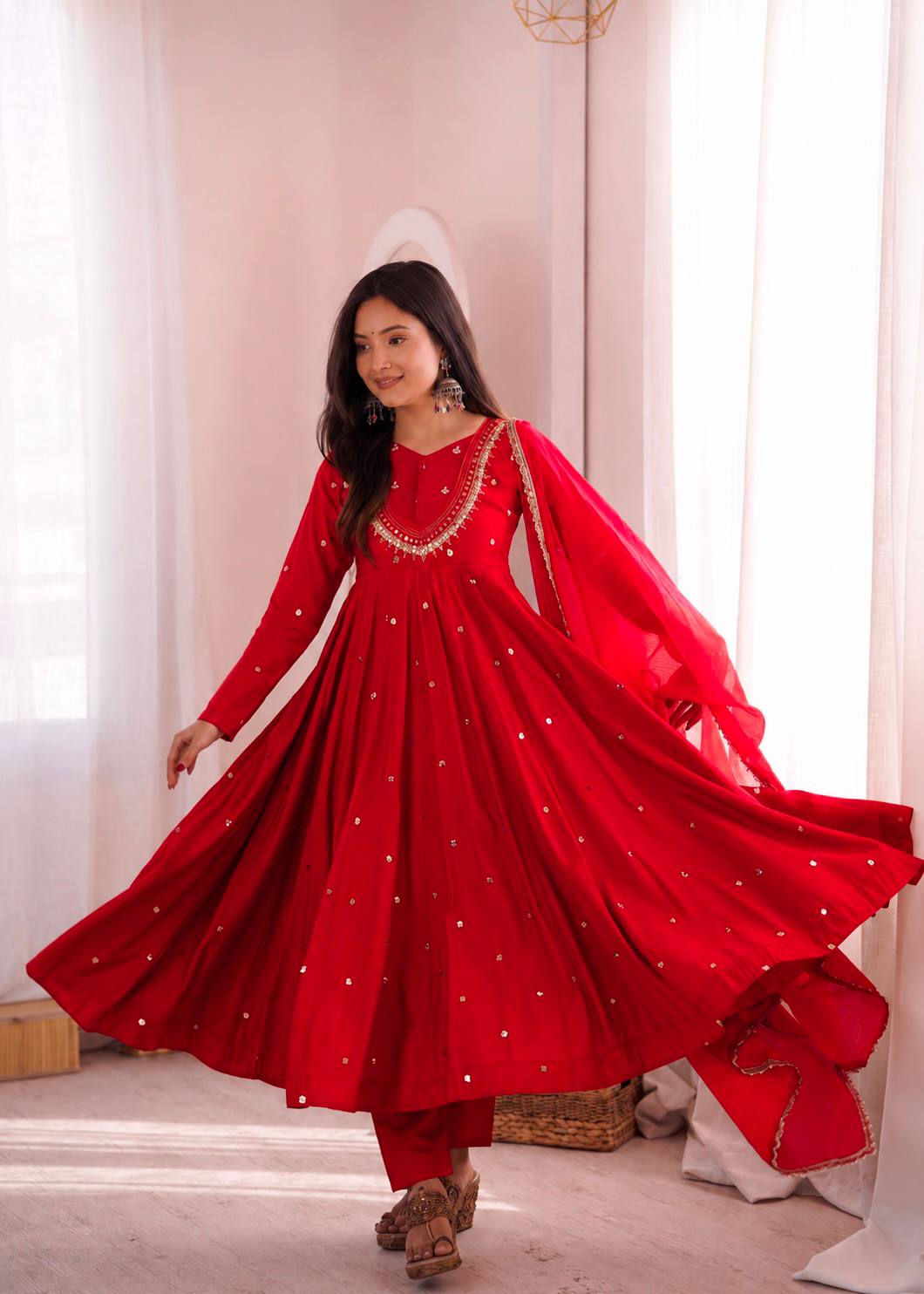 Indian Festive Anarkali Gown with Pant & Shaded Dupatta Set