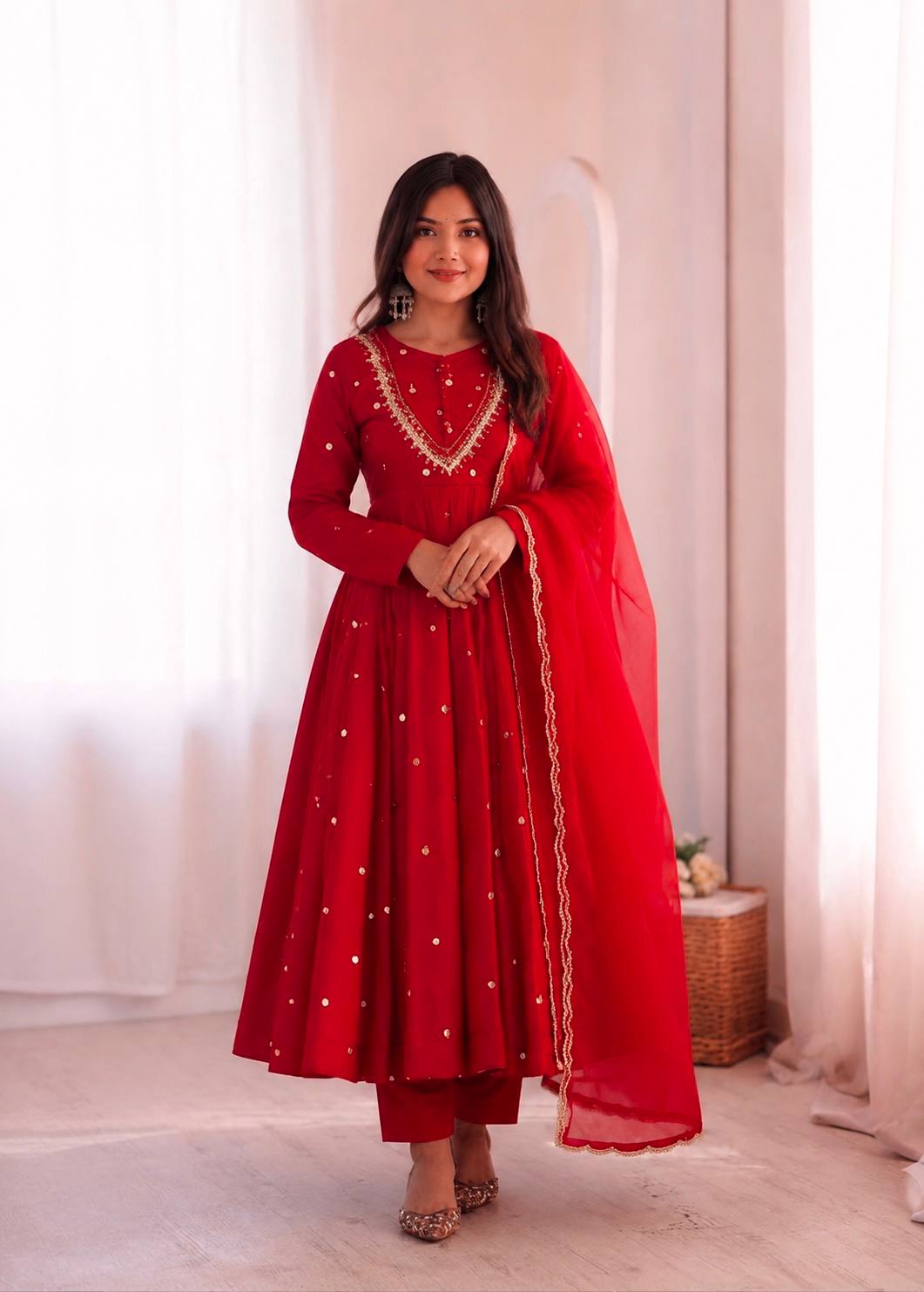 Indian Festive Anarkali Gown with Pant & Shaded Dupatta Set