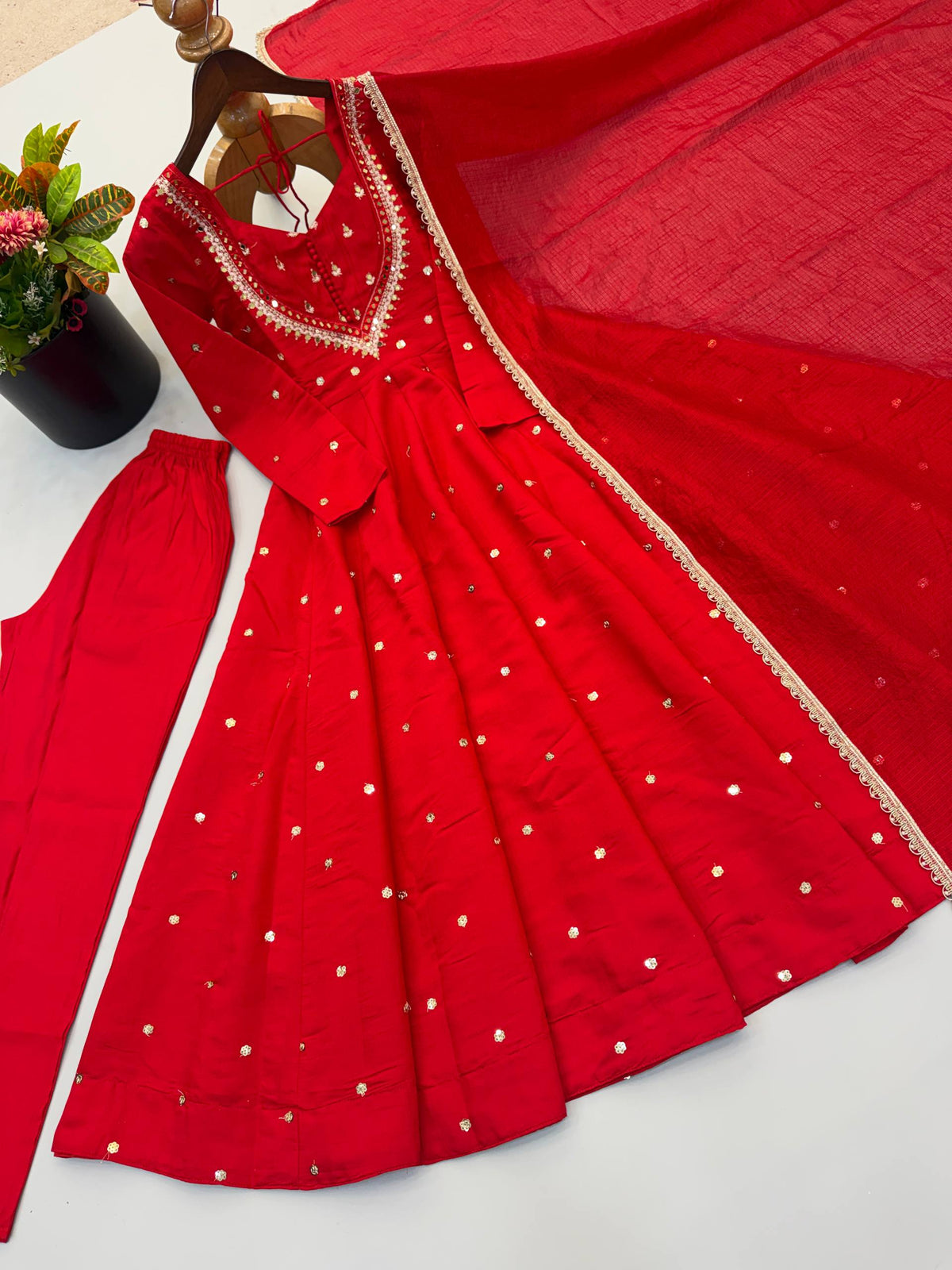Indian Festive Anarkali Gown with Pant & Shaded Dupatta Set