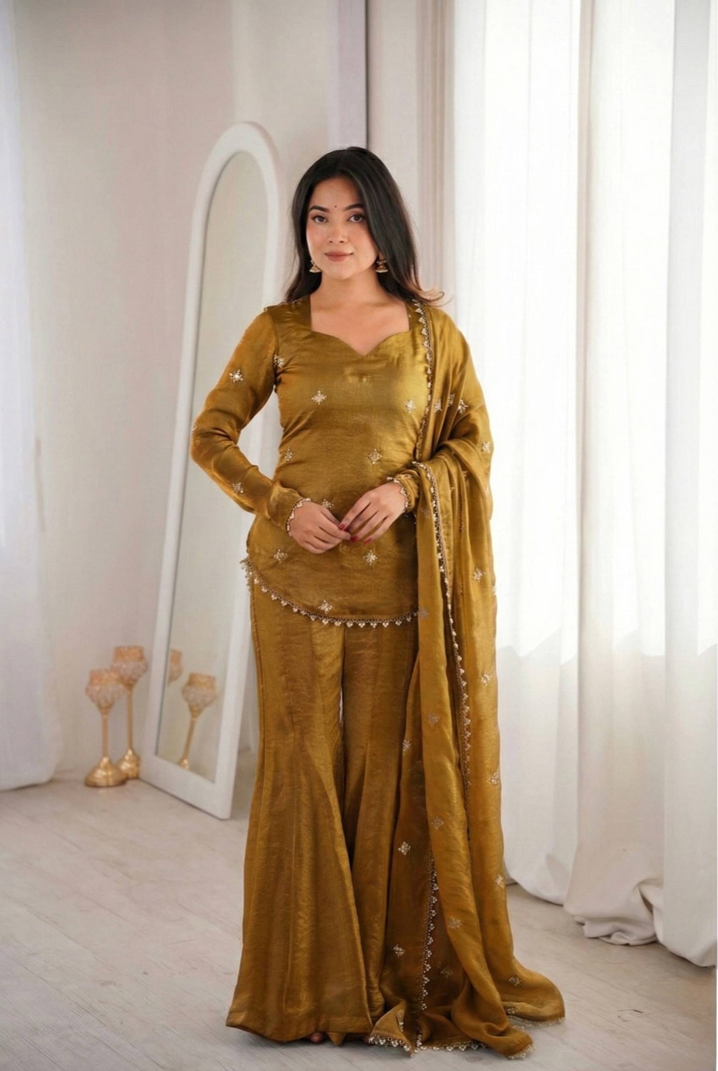 Latest Designer Silk-Blend Kurta Set with Sharara and Embellished Dupatta Set