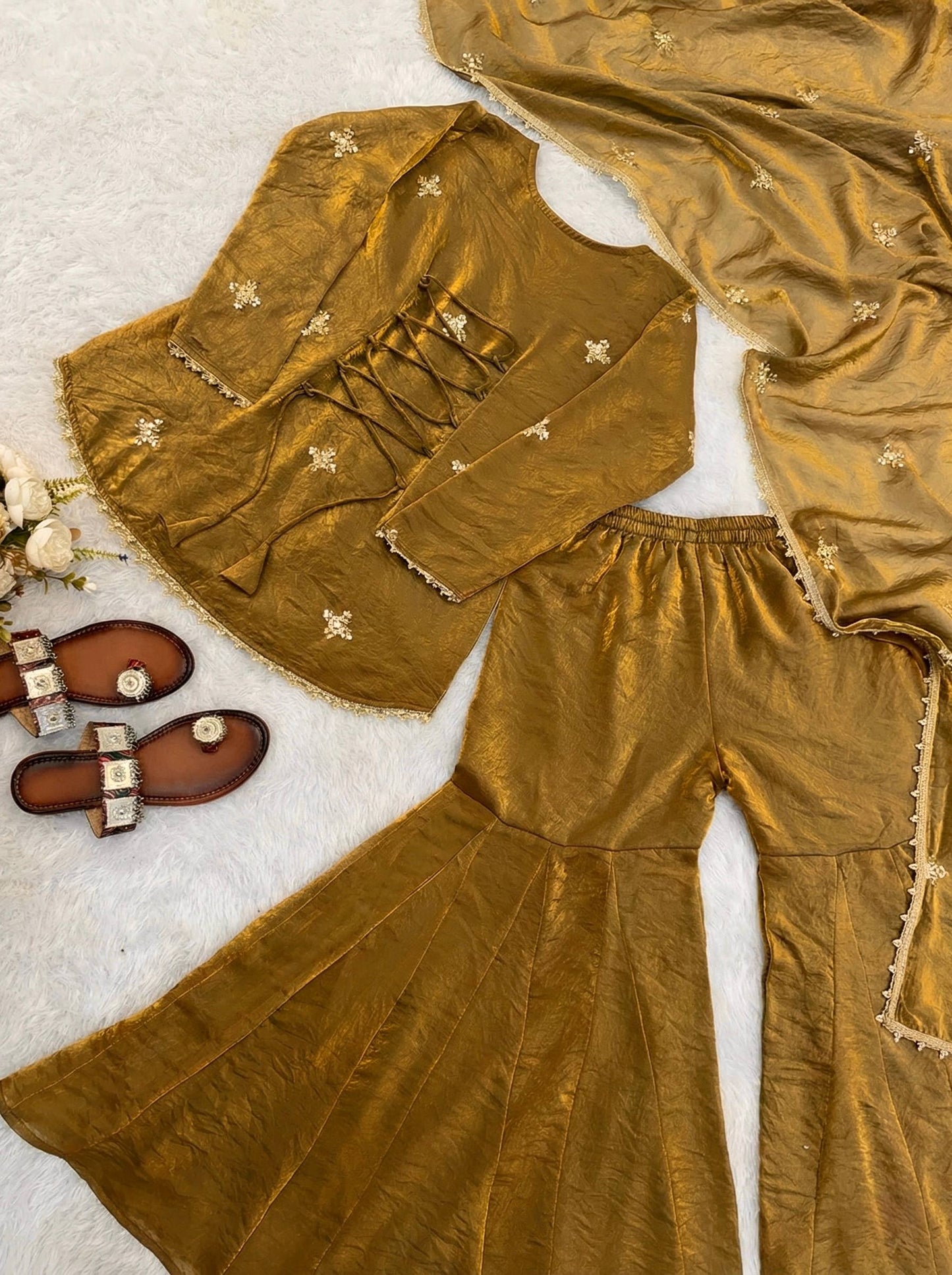 Latest Designer Silk-Blend Kurta Set with Sharara and Embellished Dupatta Set