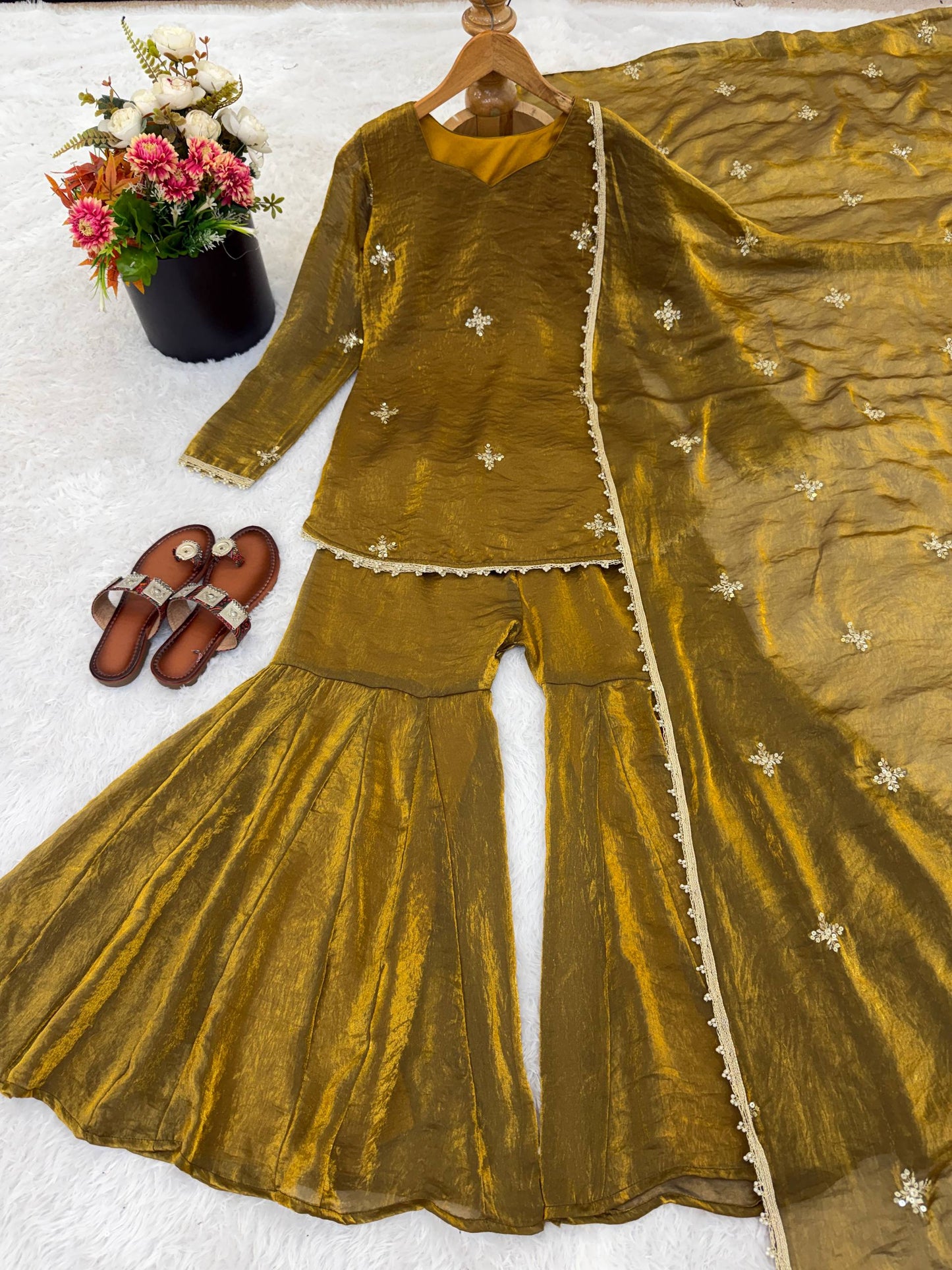 Latest Designer Silk-Blend Kurta Set with Sharara and Embellished Dupatta Set