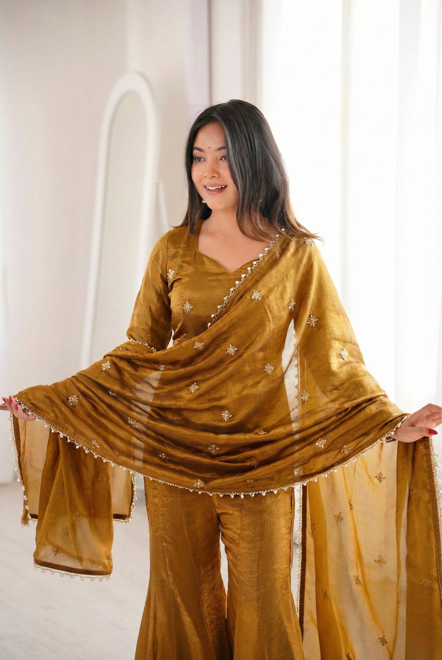 Latest Designer Silk-Blend Kurta Set with Sharara and Embellished Dupatta Set