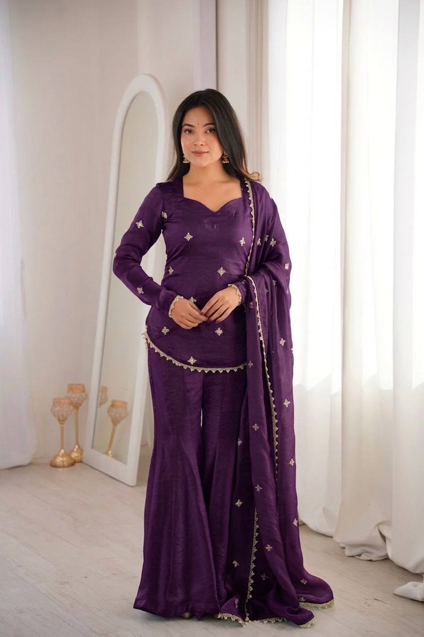 Latest Designer Silk-Blend Kurta Set with Sharara and Embellished Dupatta Set