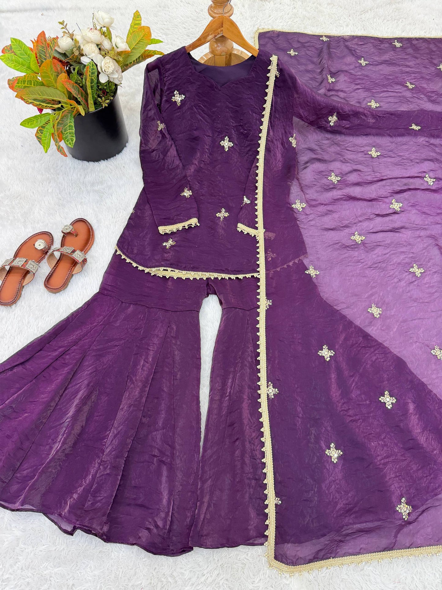 Latest Designer Silk-Blend Kurta Set with Sharara and Embellished Dupatta Set