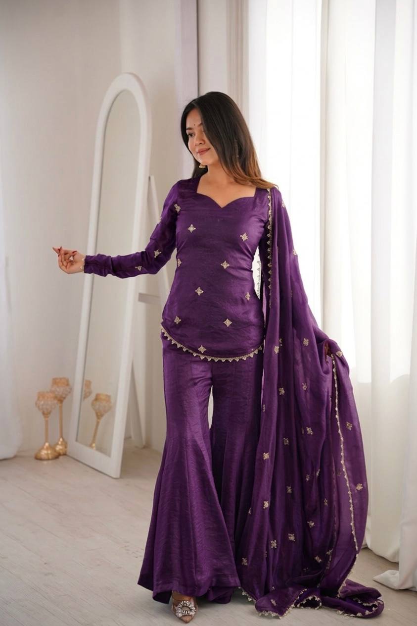 Latest Designer Silk-Blend Kurta Set with Sharara and Embellished Dupatta Set