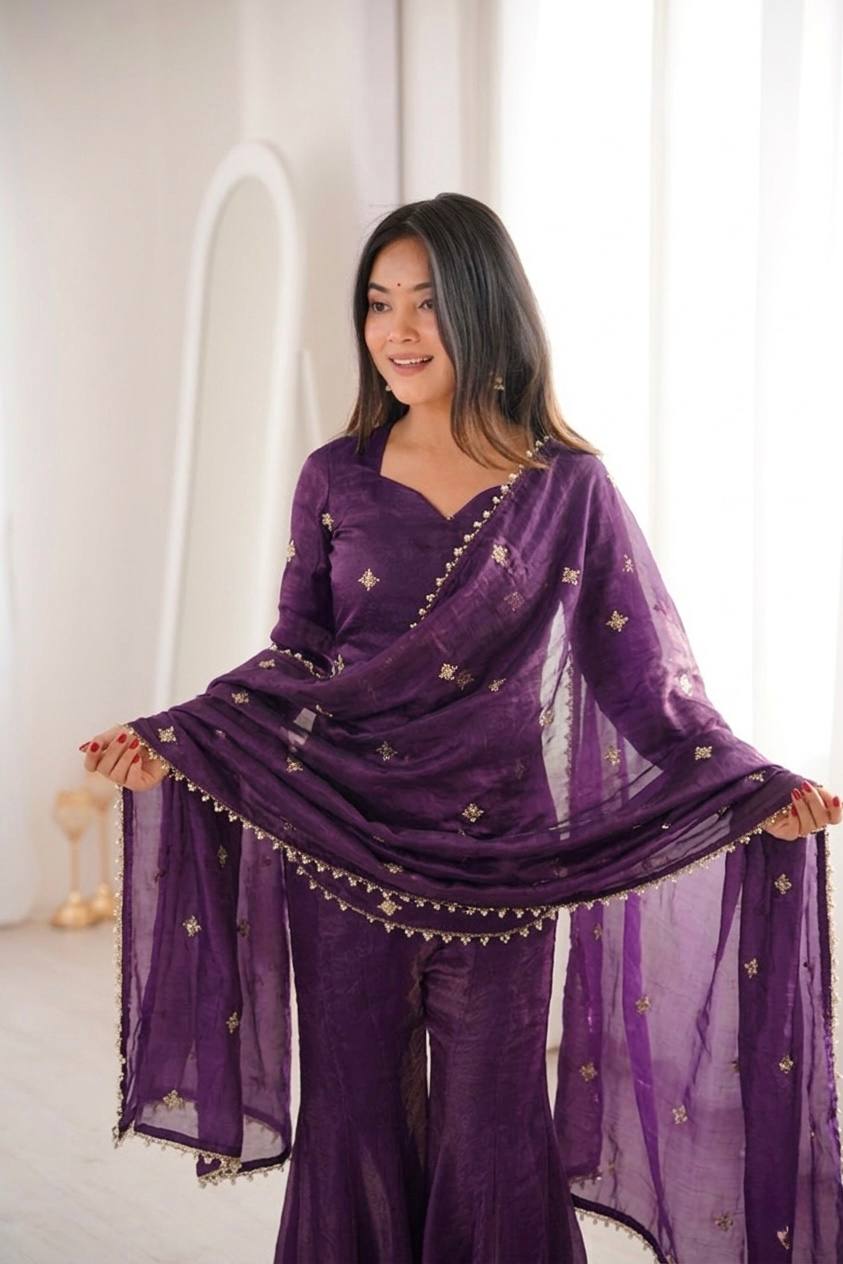 Latest Designer Silk-Blend Kurta Set with Sharara and Embellished Dupatta Set