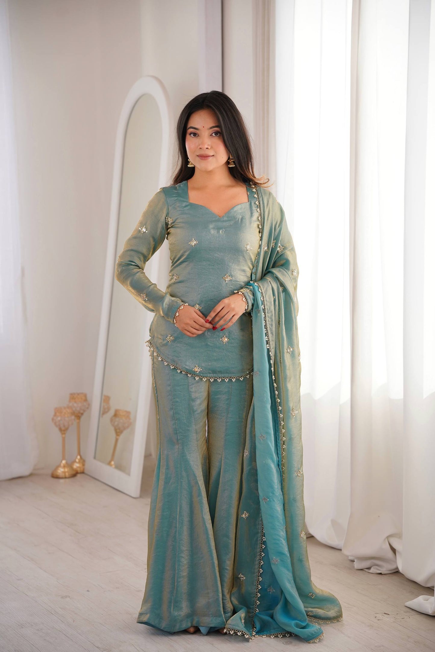Latest Designer Silk-Blend Kurta Set with Sharara and Embellished Dupatta Set
