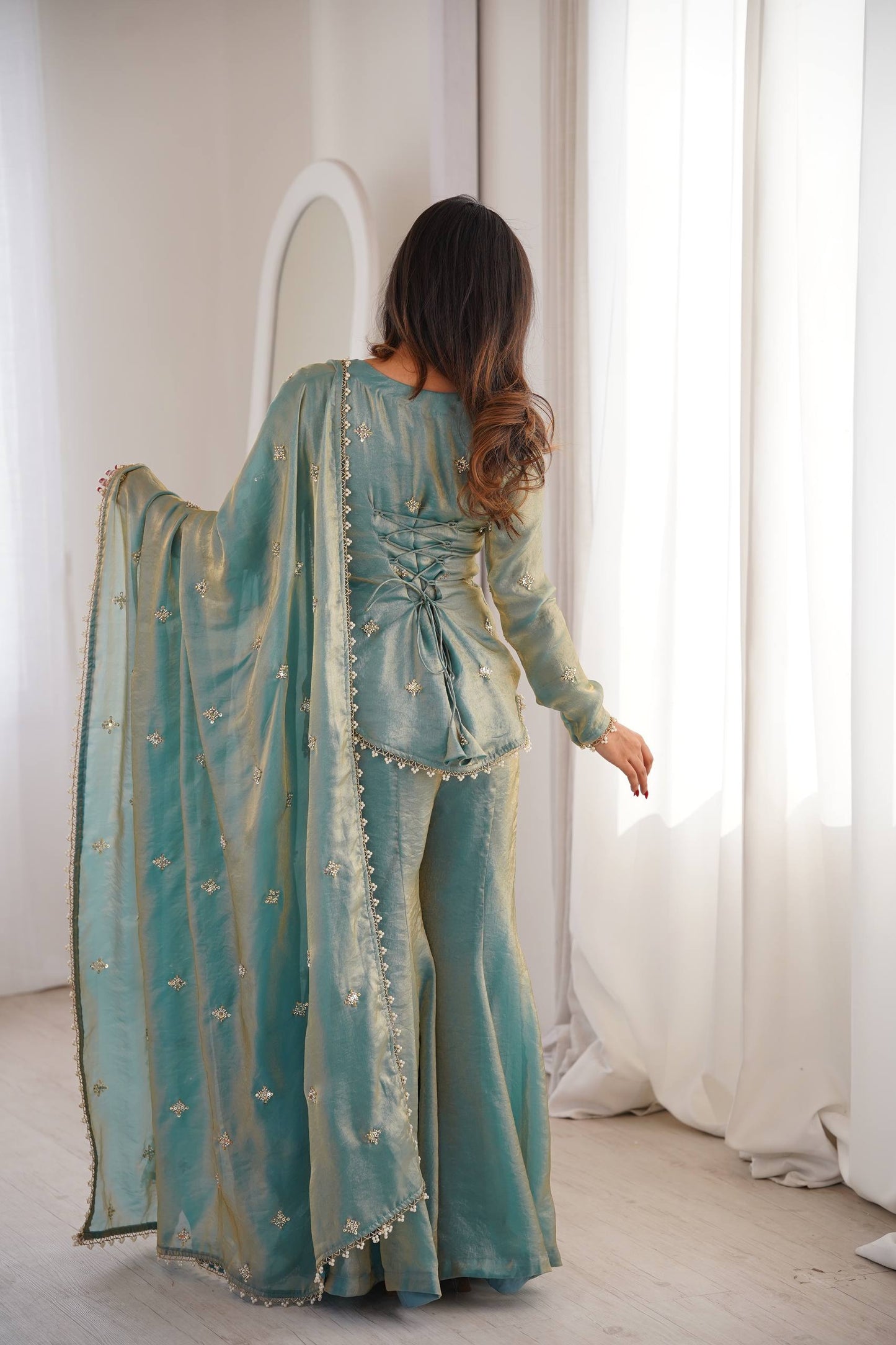 Latest Designer Silk-Blend Kurta Set with Sharara and Embellished Dupatta Set