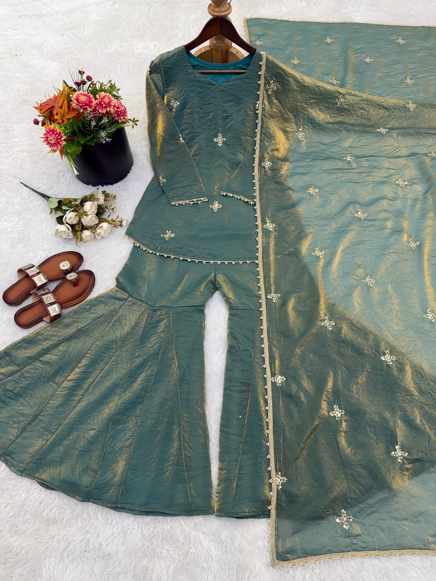 Latest Designer Silk-Blend Kurta Set with Sharara and Embellished Dupatta Set