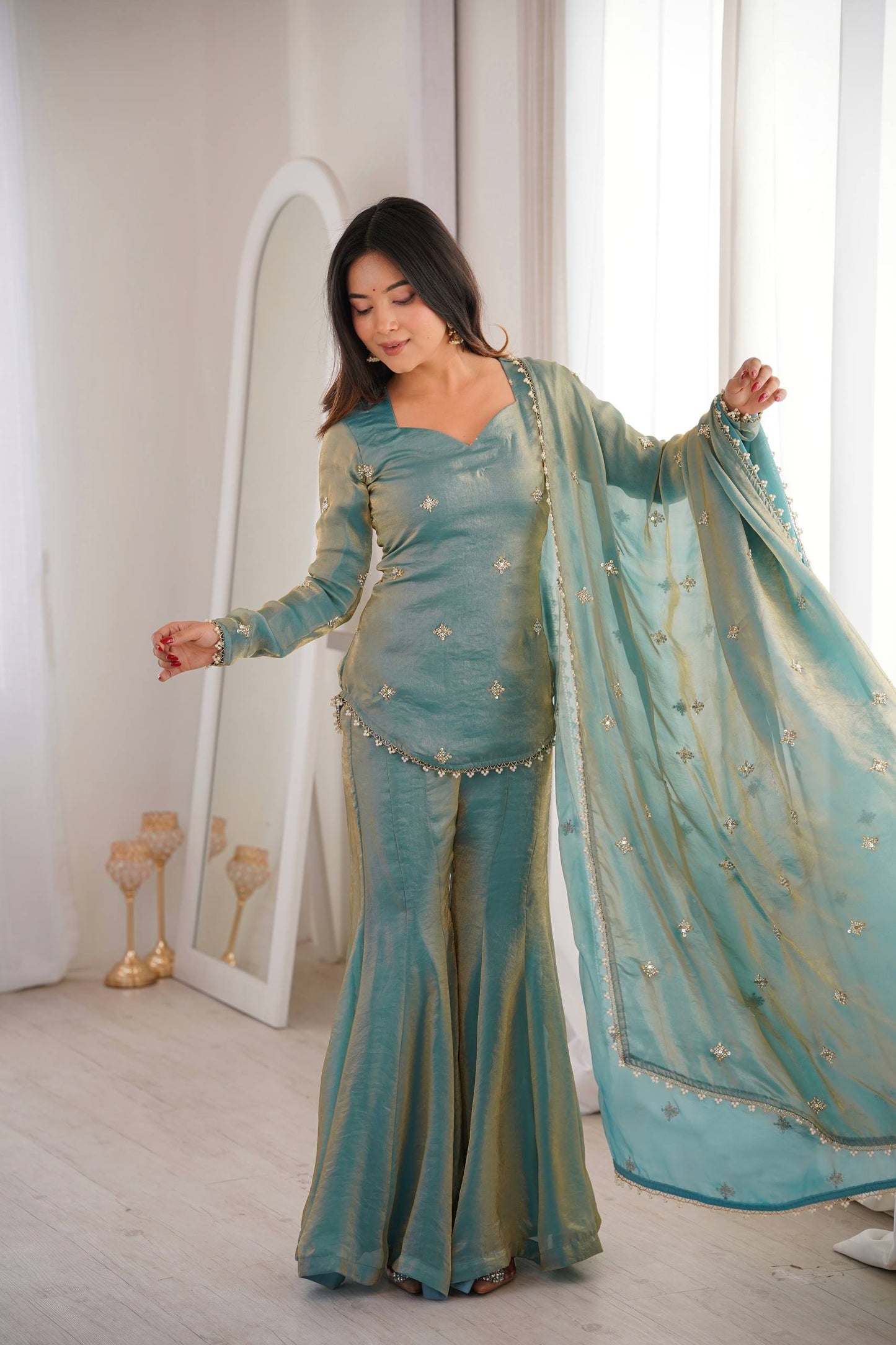 Latest Designer Silk-Blend Kurta Set with Sharara and Embellished Dupatta Set
