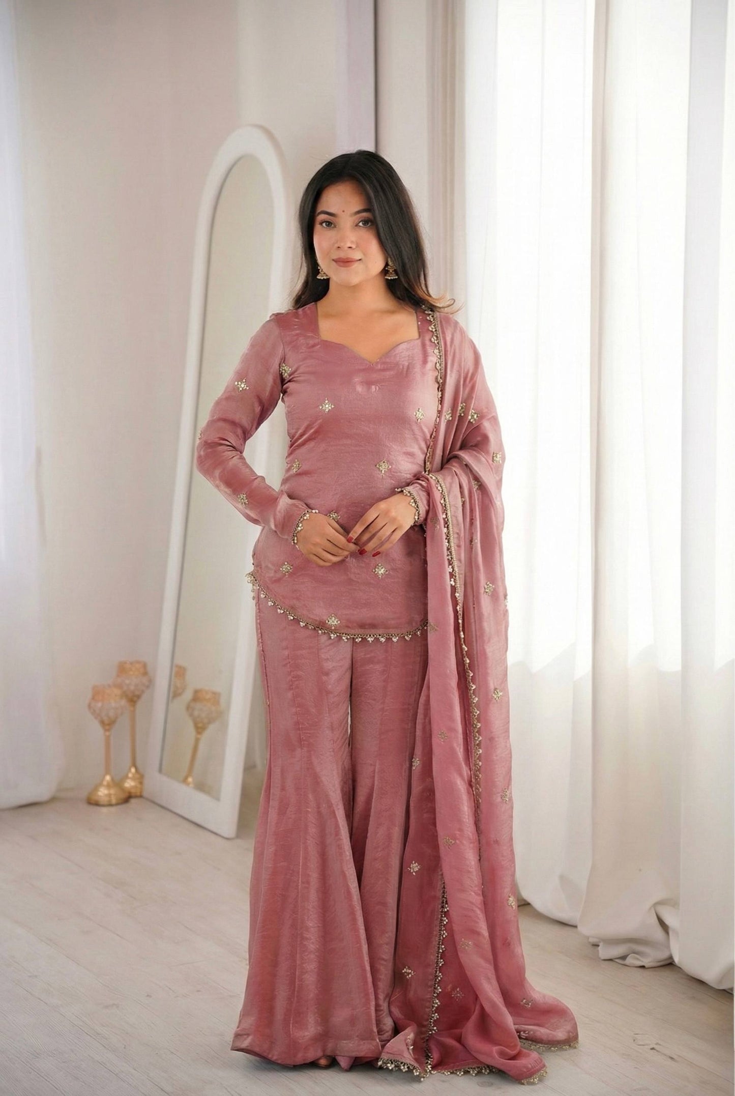 Latest Designer Silk-Blend Kurta Set with Sharara and Embellished Dupatta Set