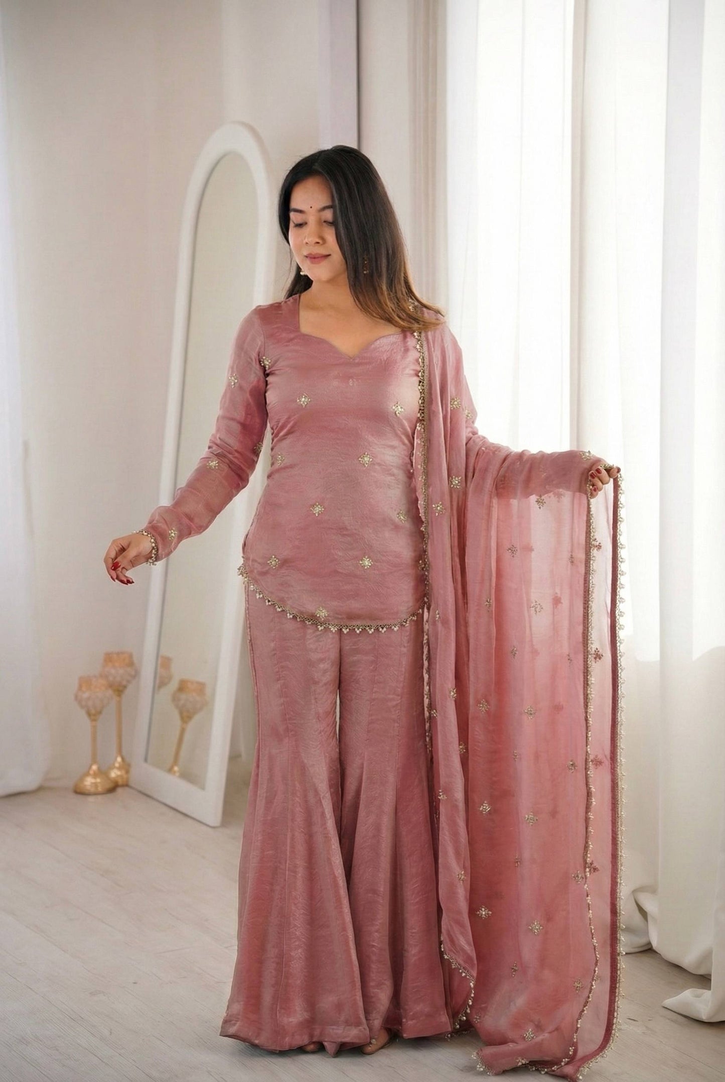 Latest Designer Silk-Blend Kurta Set with Sharara and Embellished Dupatta Set