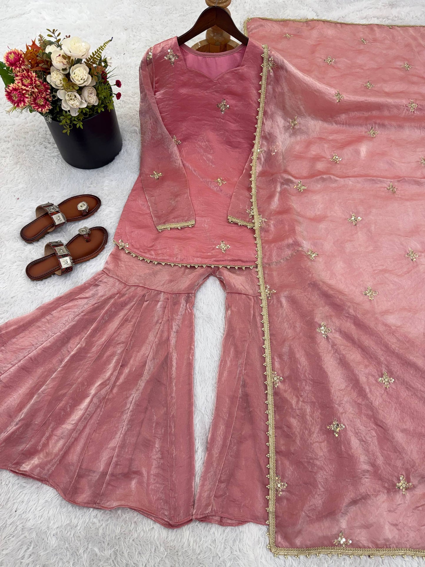 Latest Designer Silk-Blend Kurta Set with Sharara and Embellished Dupatta Set