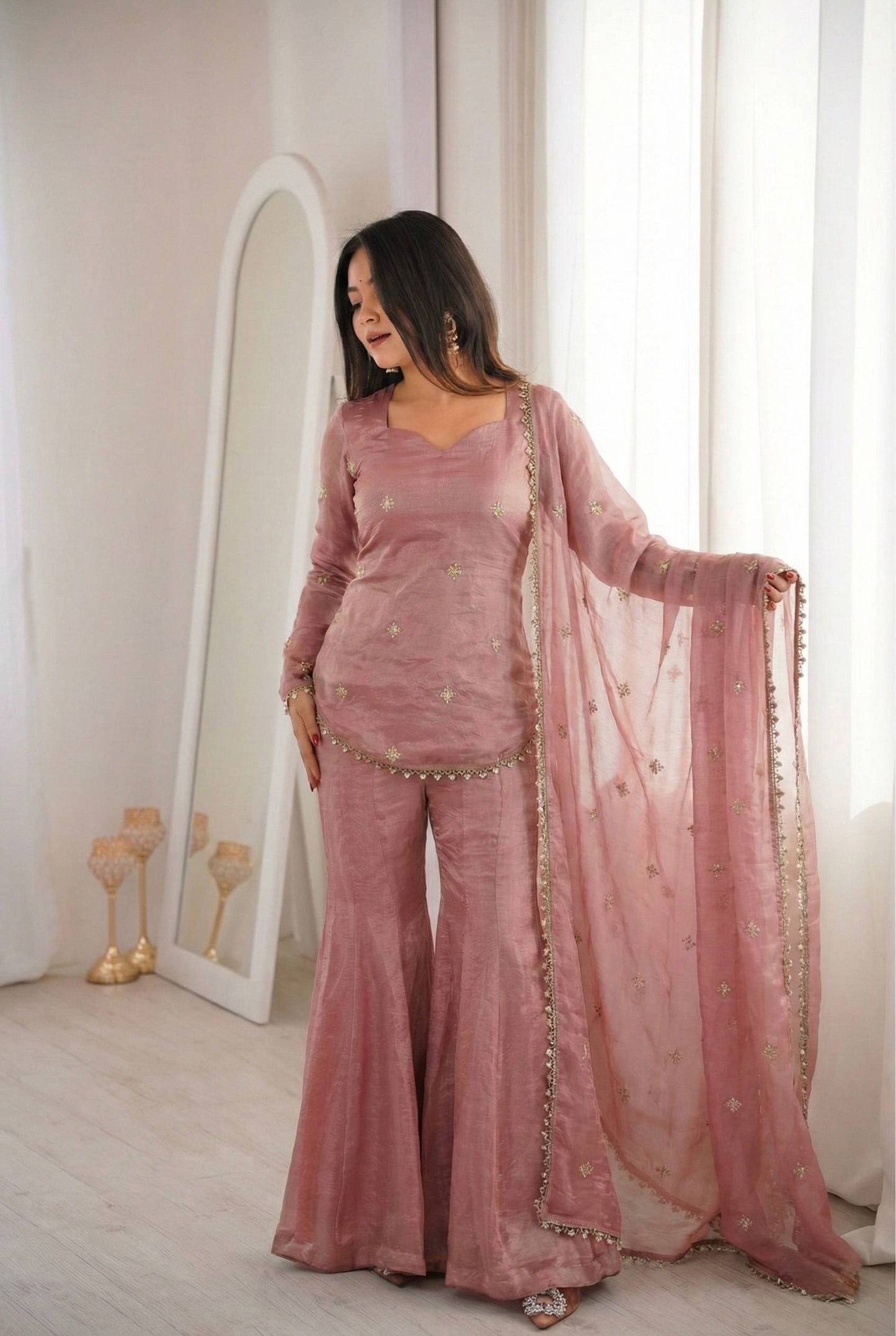 Latest Designer Silk-Blend Kurta Set with Sharara and Embellished Dupatta Set