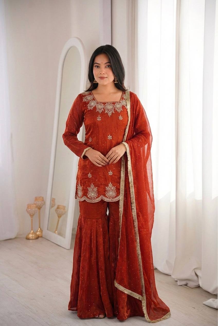 New Designer Elegant Embroidered Kurta with Sharara and Dupatta Set
