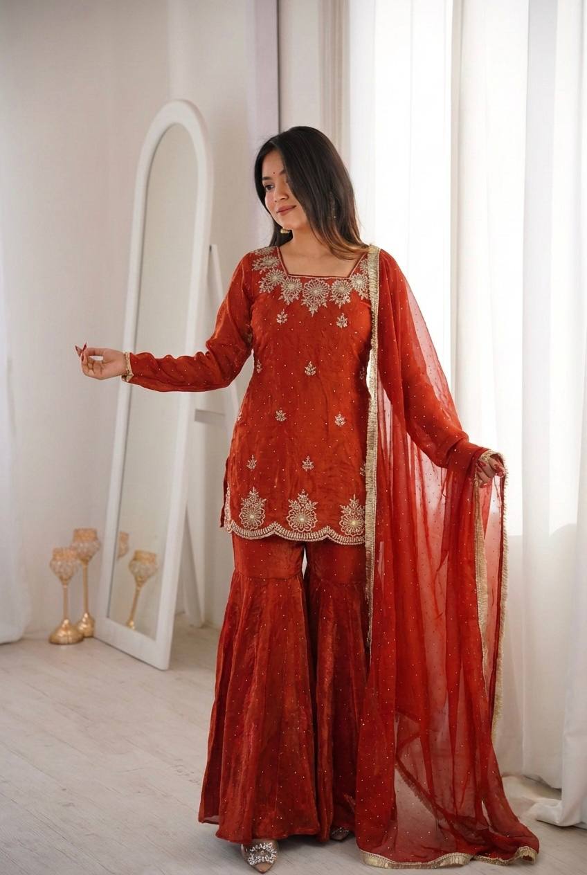 New Designer Elegant Embroidered Kurta with Sharara and Dupatta Set