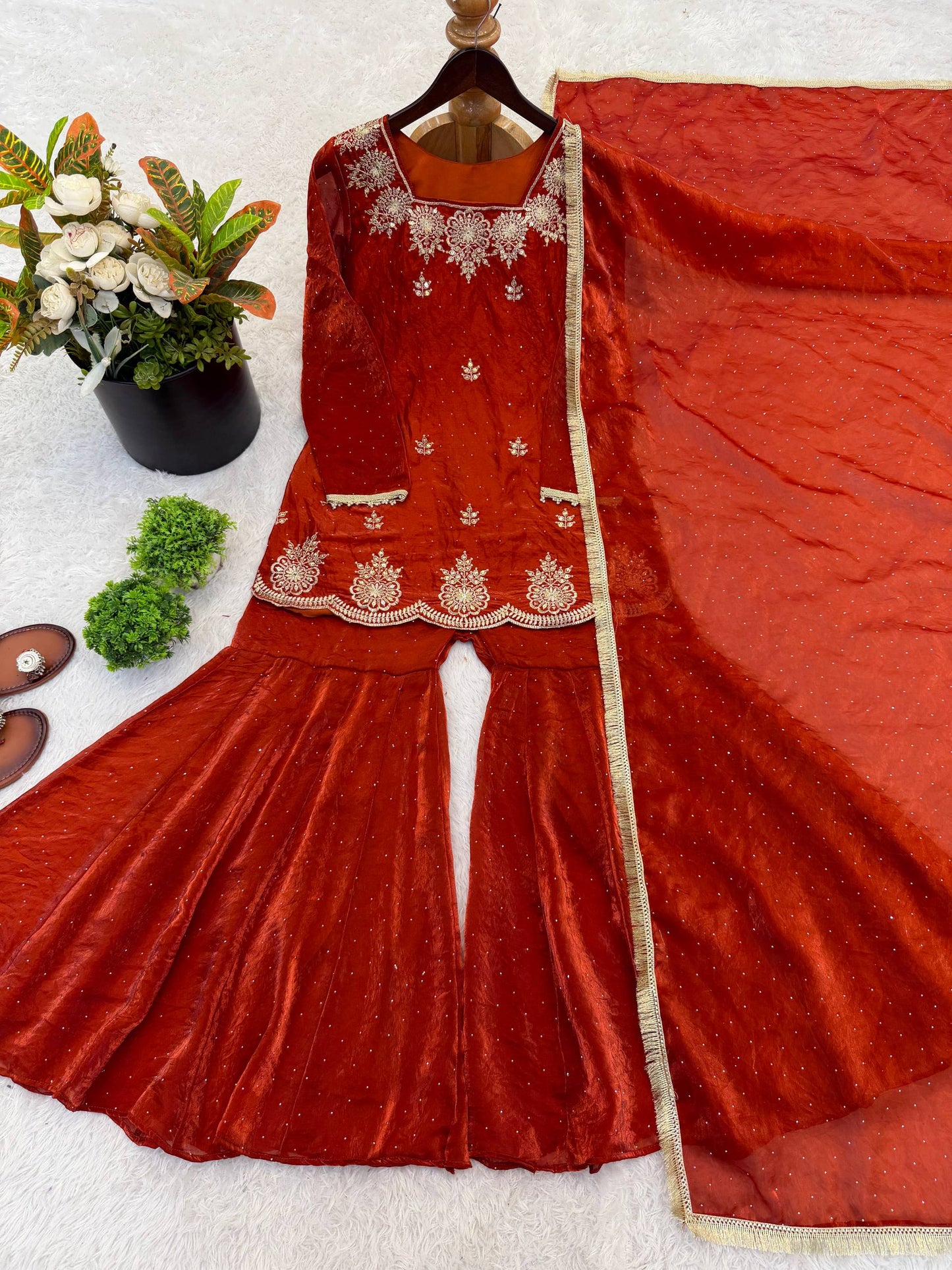 New Designer Elegant Embroidered Kurta with Sharara and Dupatta Set