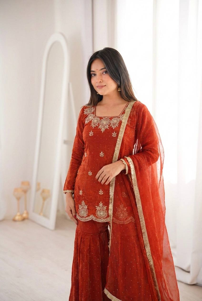 New Designer Elegant Embroidered Kurta with Sharara and Dupatta Set