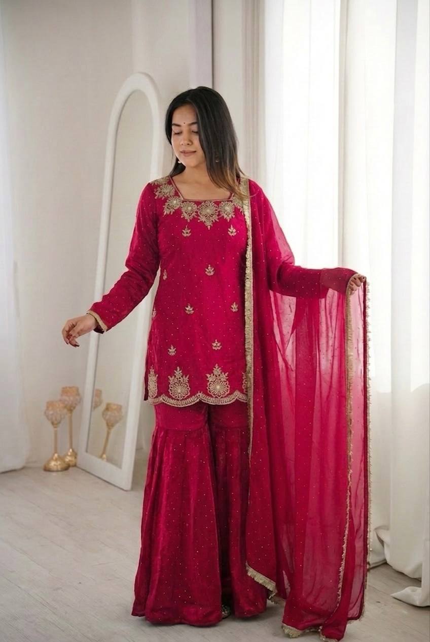 New Designer Elegant Embroidered Kurta with Sharara and Dupatta Set