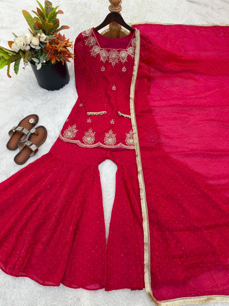New Designer Elegant Embroidered Kurta with Sharara and Dupatta Set