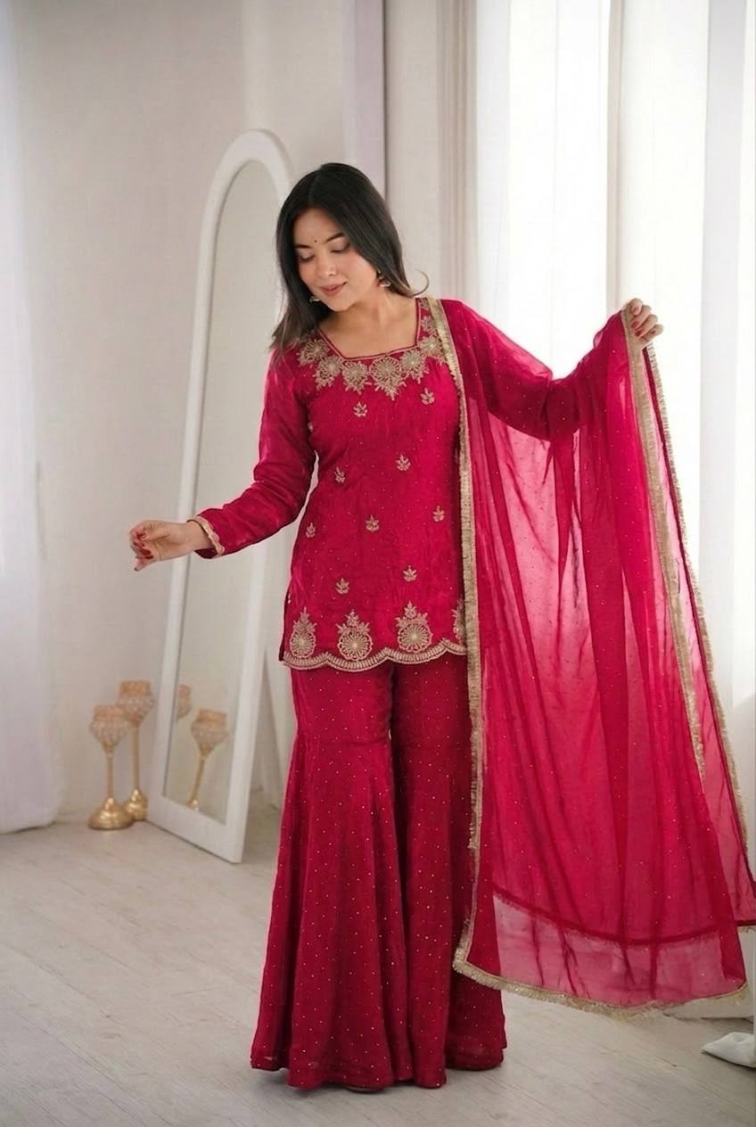 New Designer Elegant Embroidered Kurta with Sharara and Dupatta Set