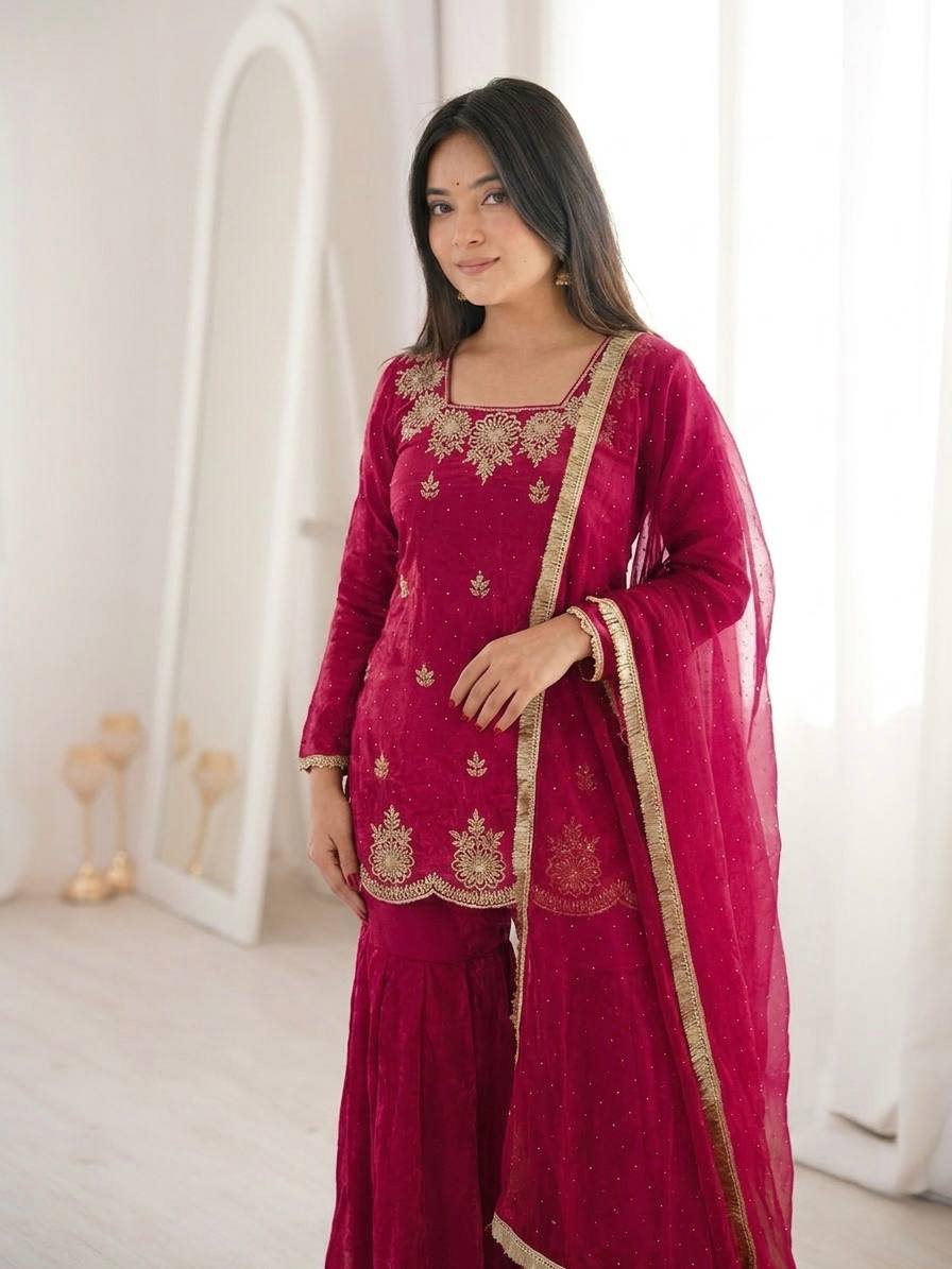 New Designer Elegant Embroidered Kurta with Sharara and Dupatta Set