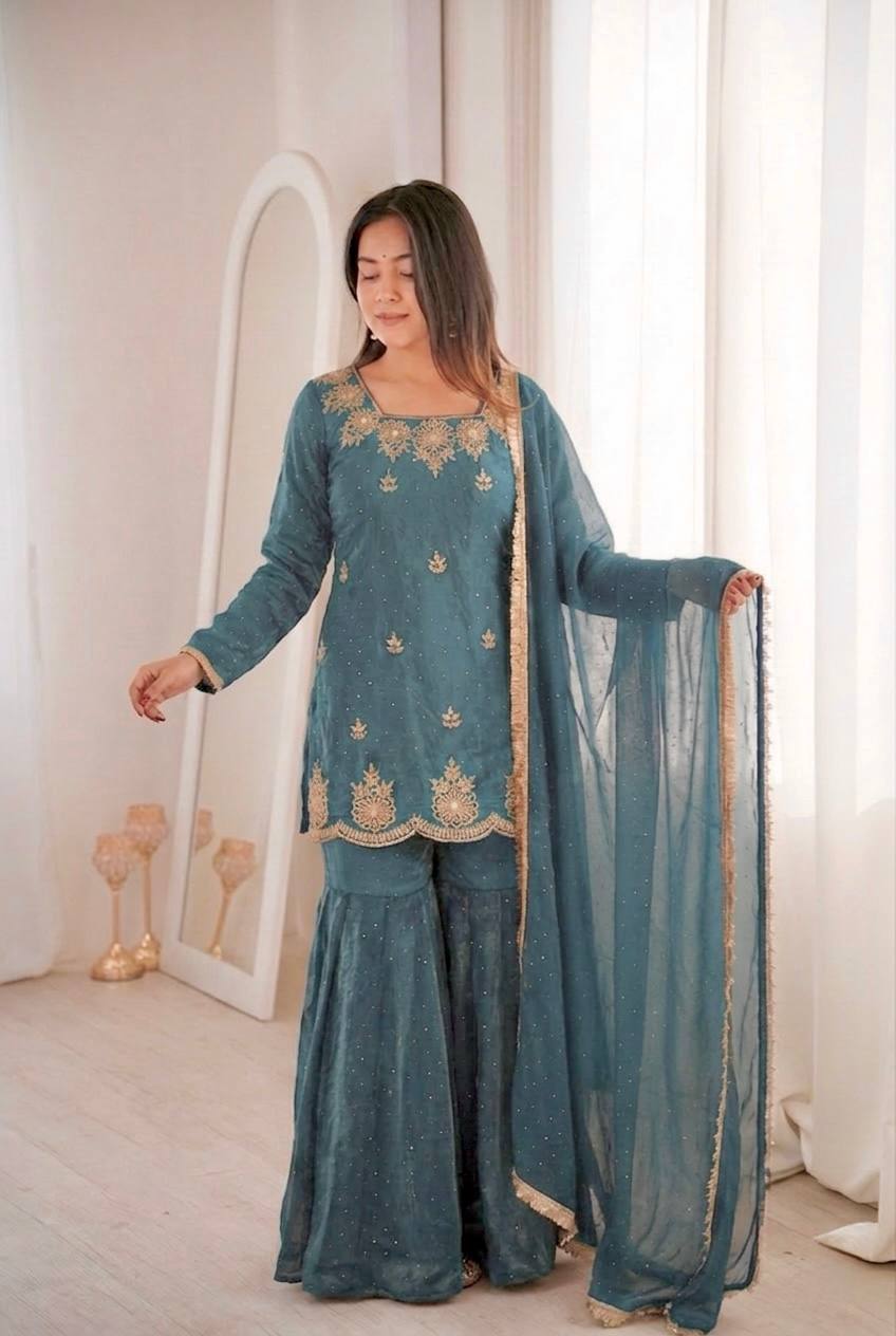 New Designer Elegant Embroidered Kurta with Sharara and Dupatta Set