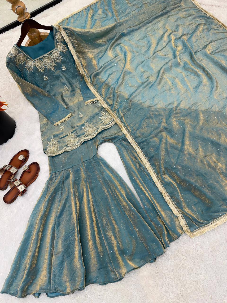 New Designer Elegant Embroidered Kurta with Sharara and Dupatta Set