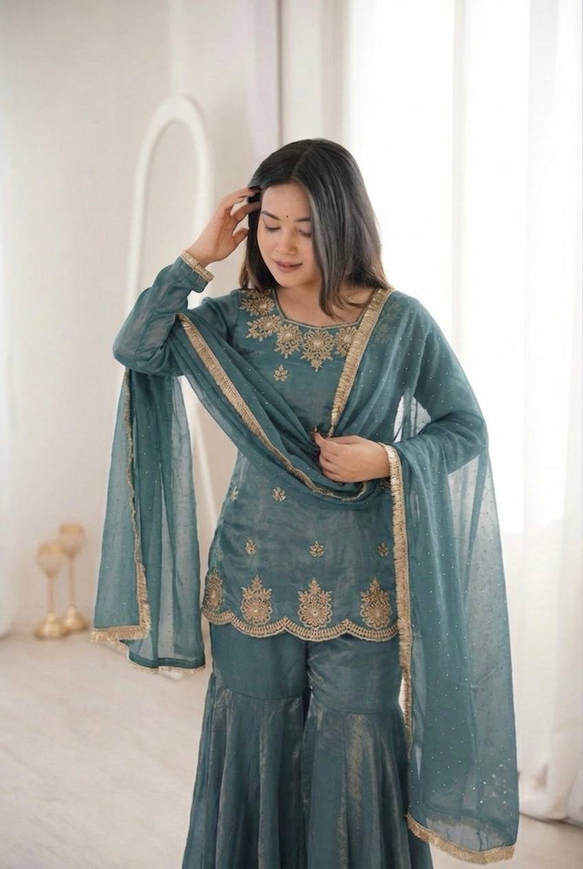 New Designer Elegant Embroidered Kurta with Sharara and Dupatta Set