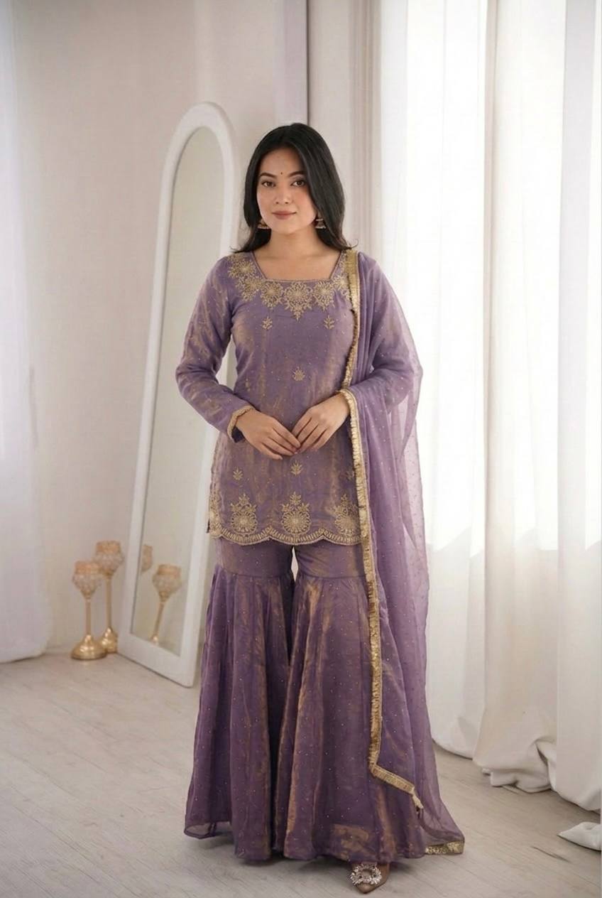 New Designer Elegant Embroidered Kurta with Sharara and Dupatta Set