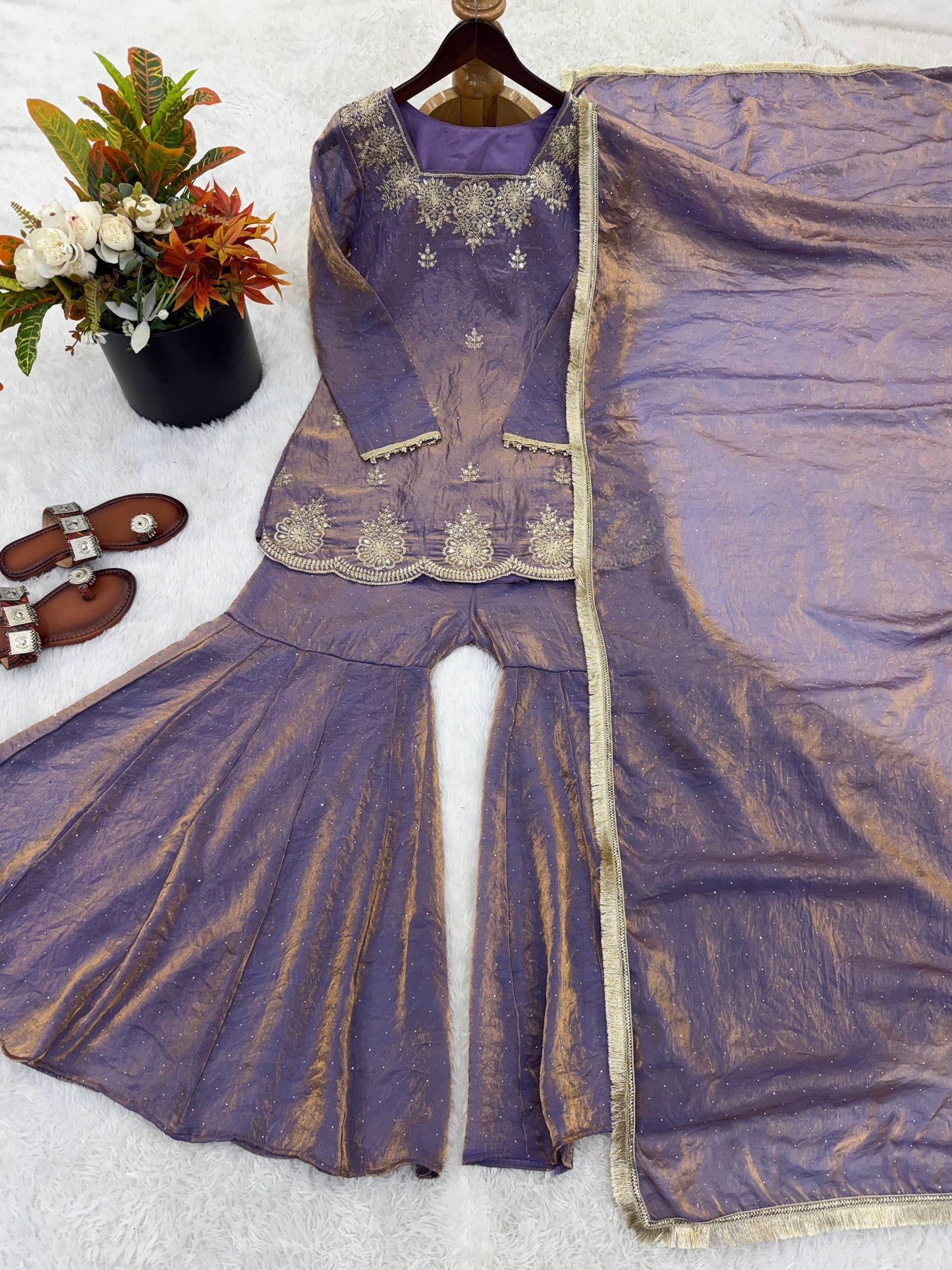 New Designer Elegant Embroidered Kurta with Sharara and Dupatta Set