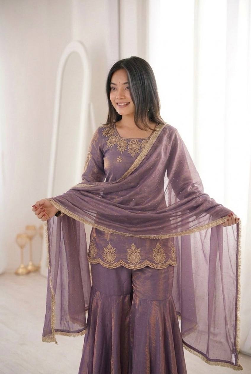 New Designer Elegant Embroidered Kurta with Sharara and Dupatta Set