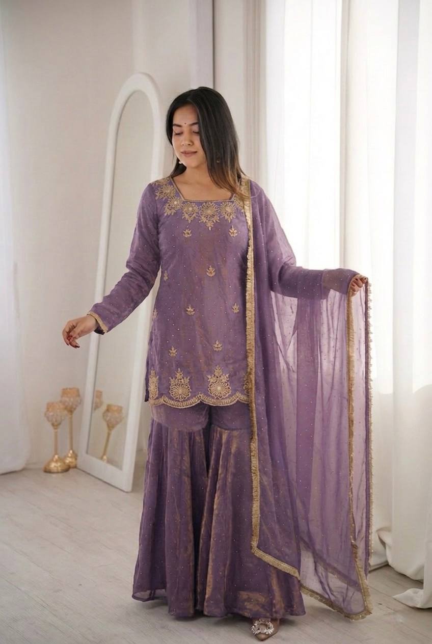 New Designer Elegant Embroidered Kurta with Sharara and Dupatta Set