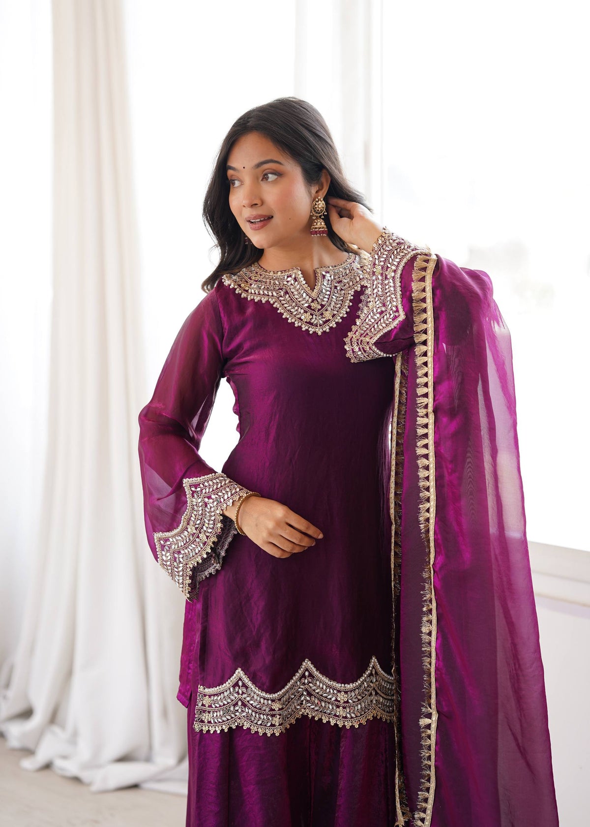Trendy Festive Wear  Wine Purple Heavy Embroidered Kurti Palazzo Set with Dupatta