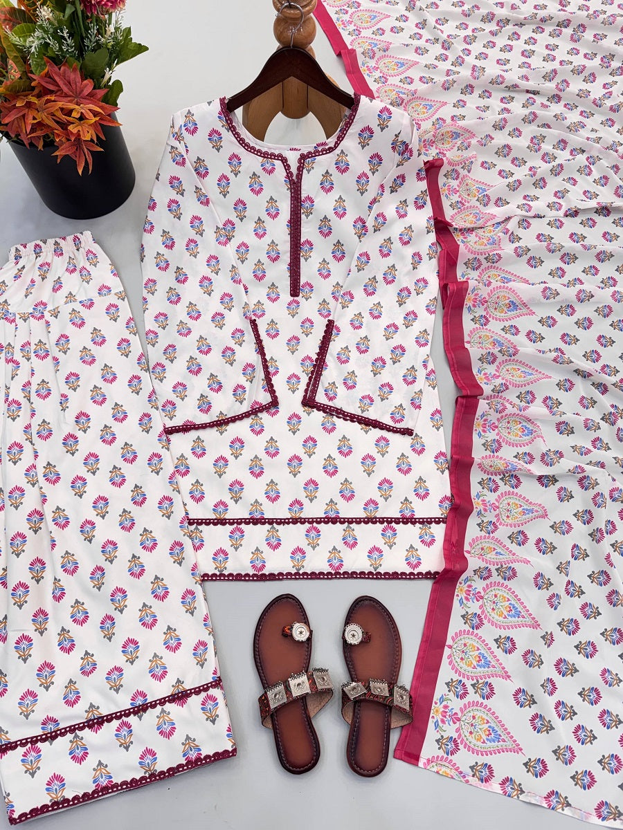 Festive Printed Straight Kurta Set paired with Wide Farshi Salwar and Dupatta