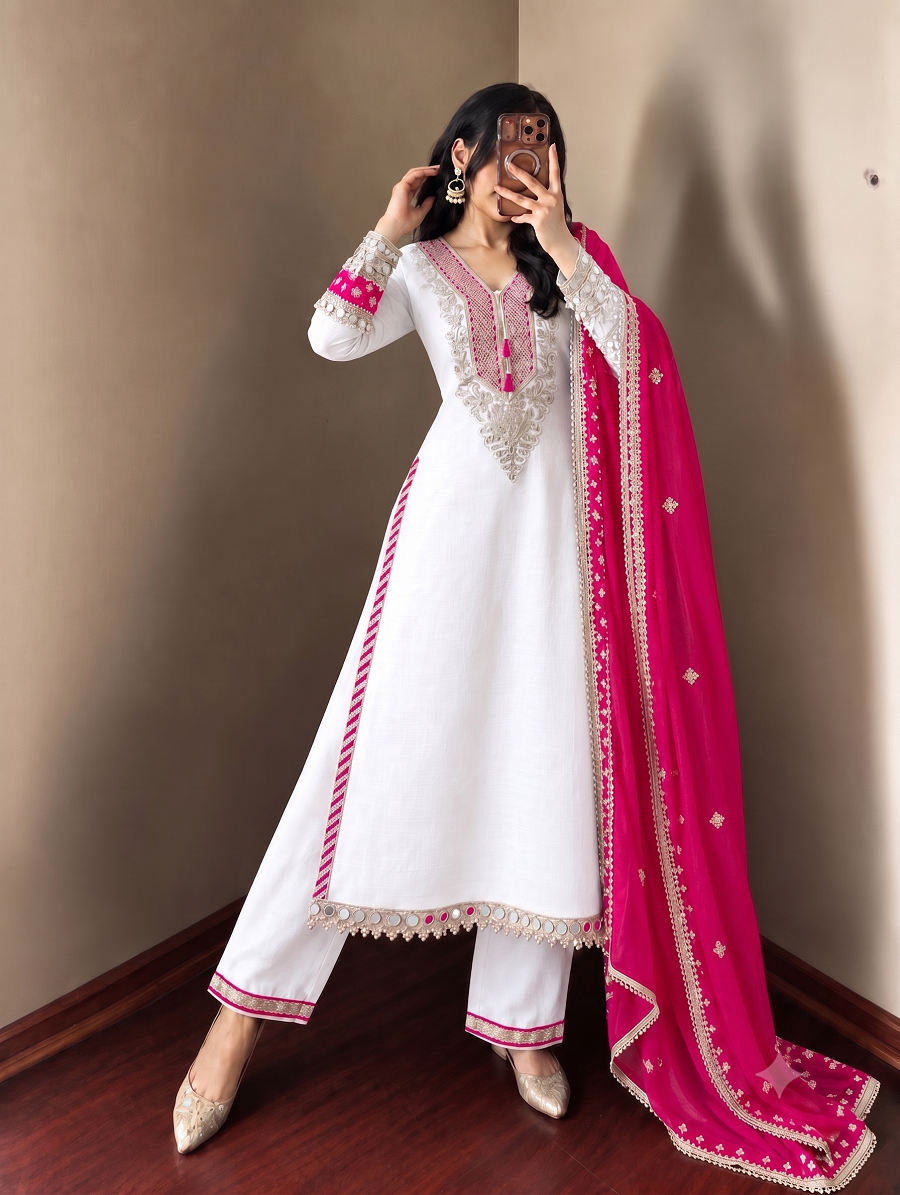 Off-White Pakistani Kurti Pant Set with Contrast Rani Dupatta