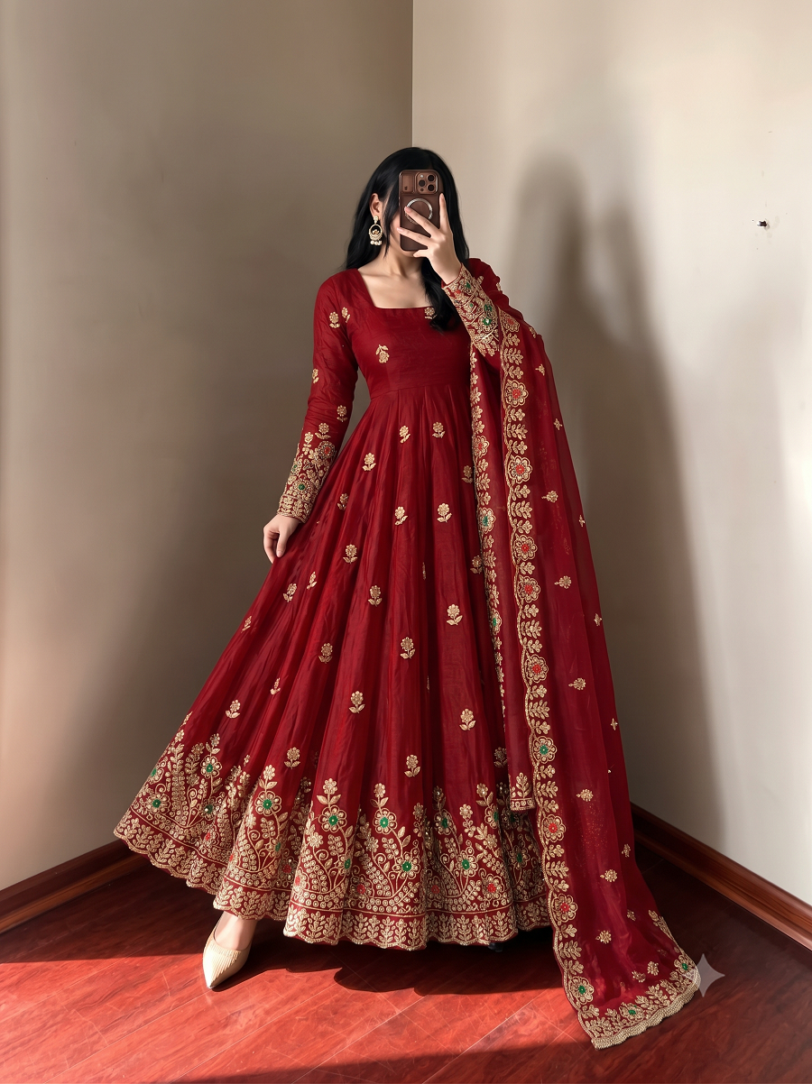 Women's Readymade Maroon Anarkali Suit with Dupatta and Pant Set