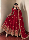 Women's Readymade Maroon Anarkali Suit with Dupatta and Pant Set