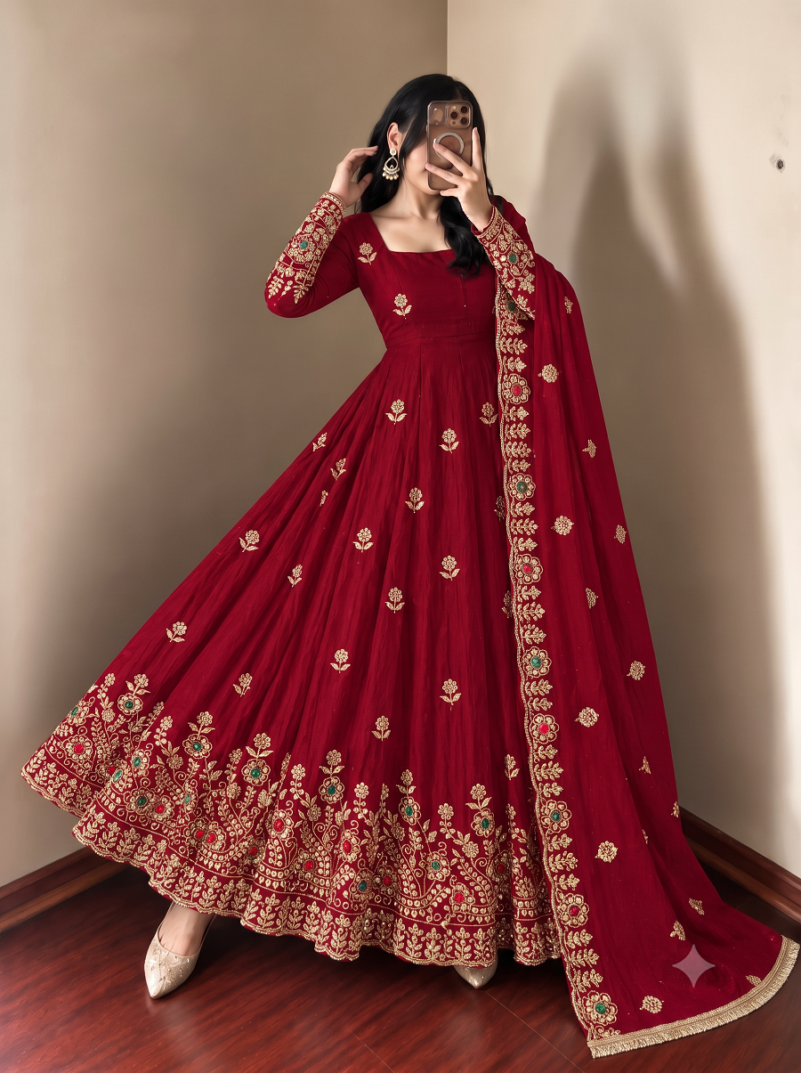 Women's Readymade Maroon Anarkali Suit with Dupatta and Pant Set