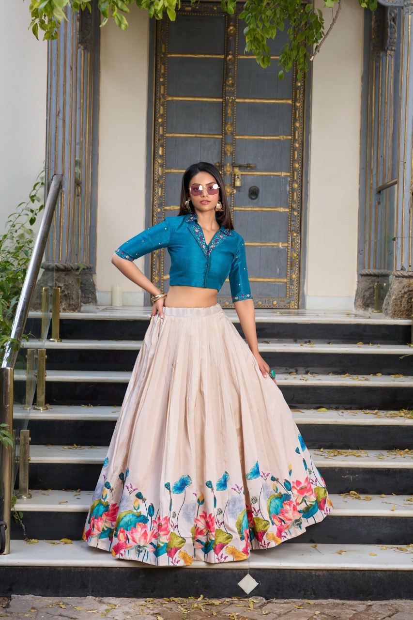Ready To Wear Silk Floral Print Lehenga With Handwork Crop Choli