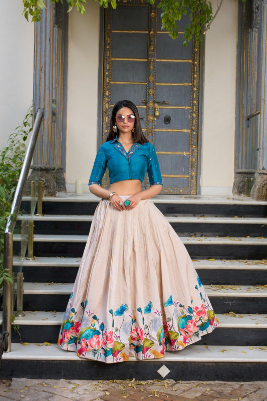 Ready To Wear Silk Floral Print Lehenga With Handwork Crop Choli