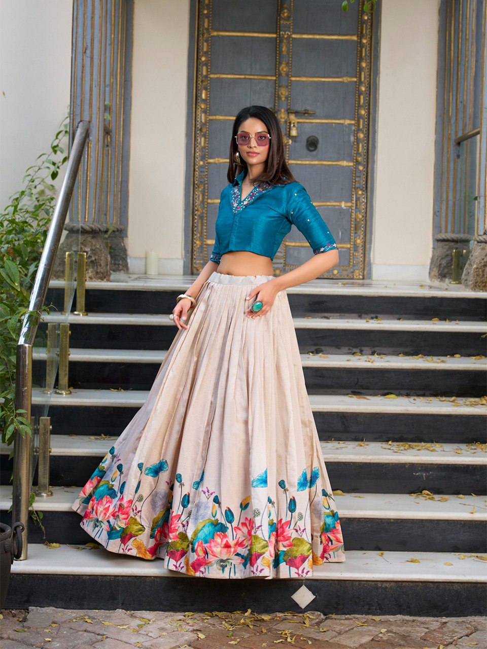 Ready To Wear Silk Floral Print Lehenga With Handwork Crop Choli