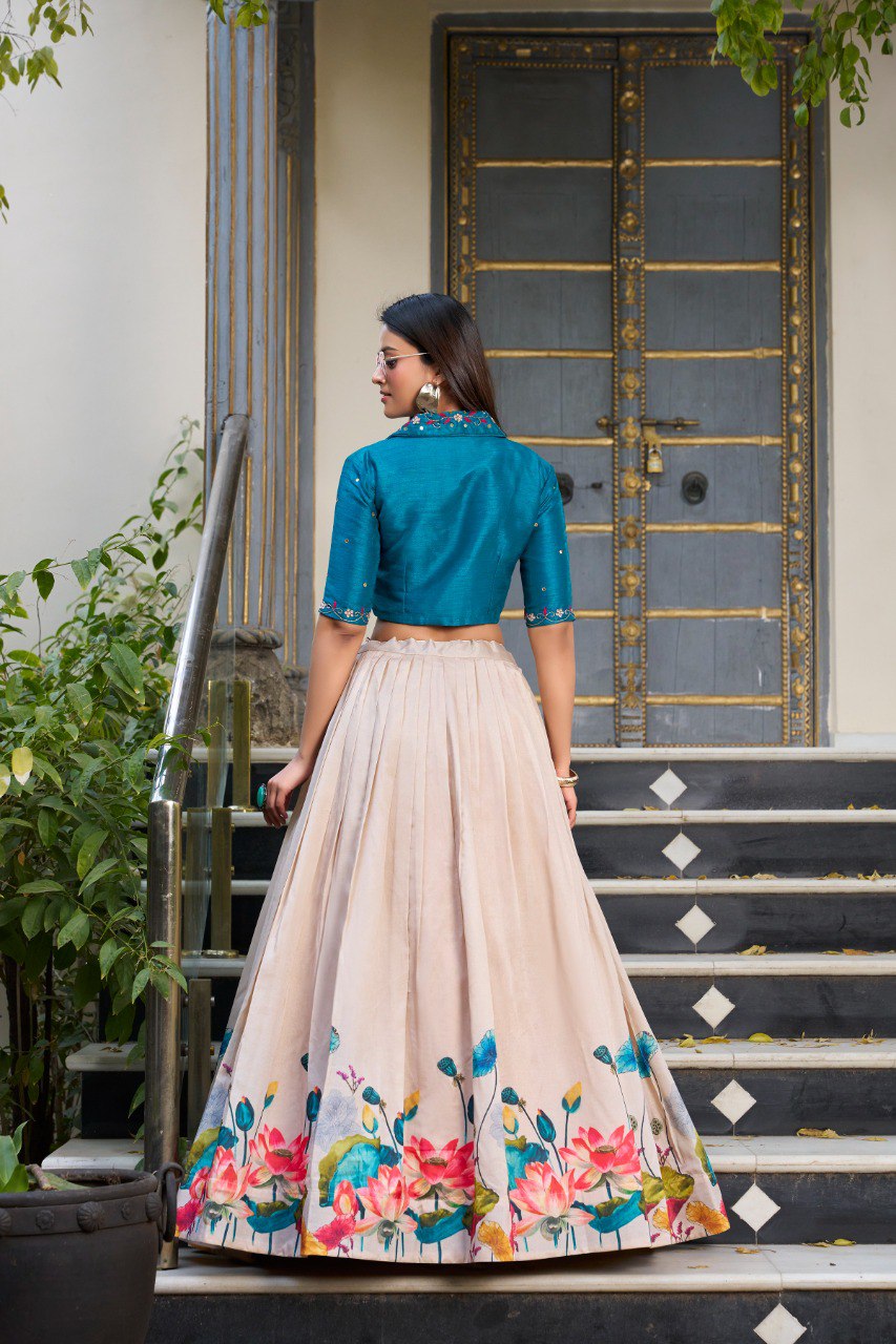 Ready To Wear Silk Floral Print Lehenga With Handwork Crop Choli