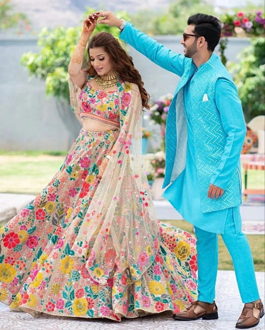 Amazing Multi Color Thread Work Floral Design Georgette Lehenga Choli