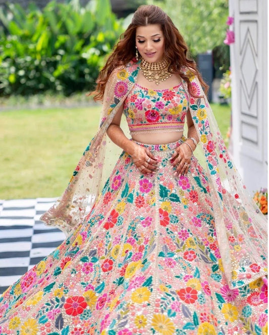 Wedding Speical Multi Color Floral Work Georgette Lehenga Choli