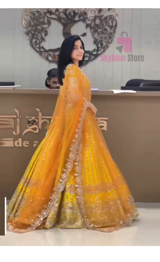 Lemon Yellow Georgette Sequece Work Haldi ~ Mehndi Lehenga Choli