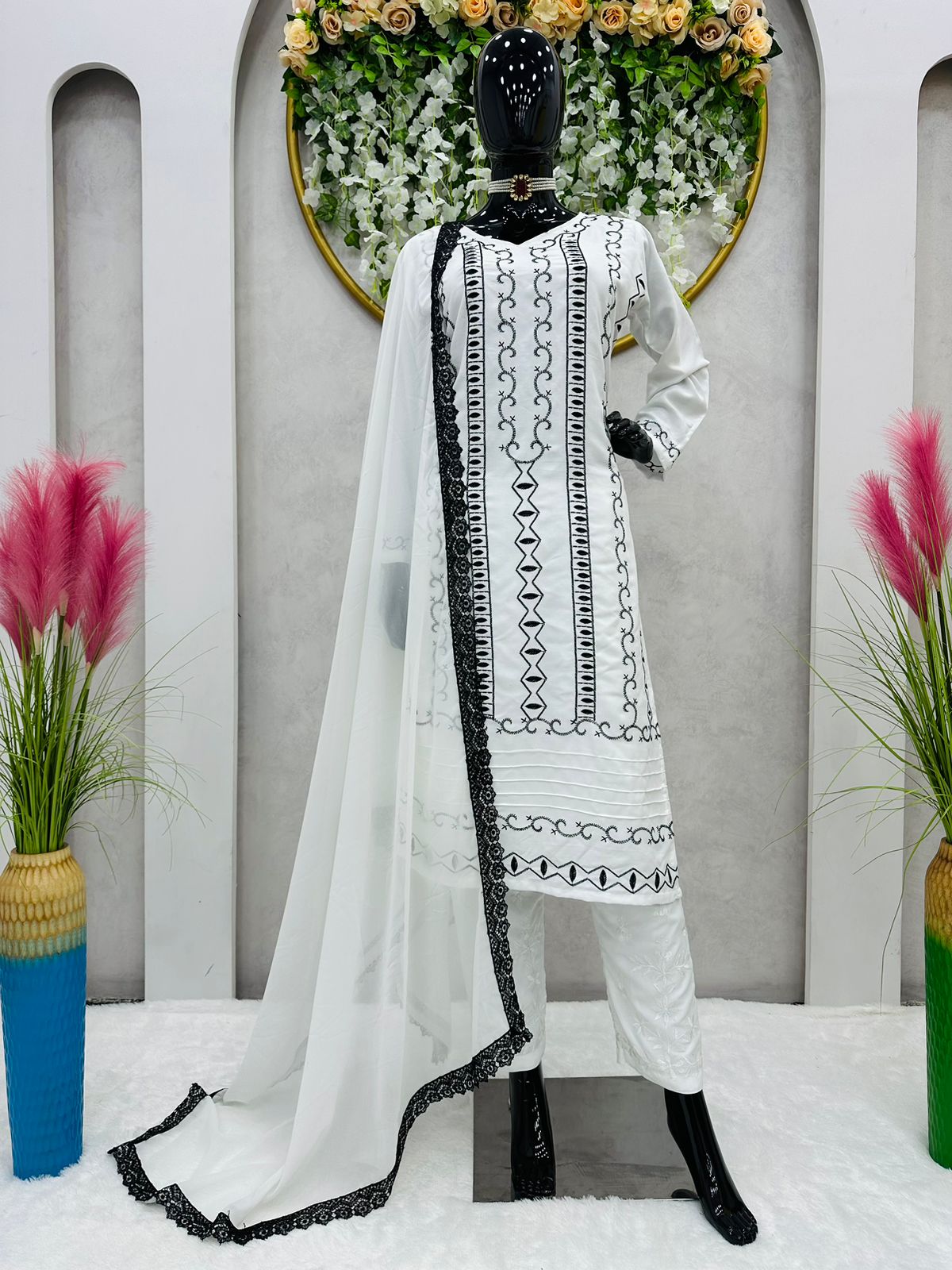 Trending White Rayon Black Thread Work Readymade Suit for Women