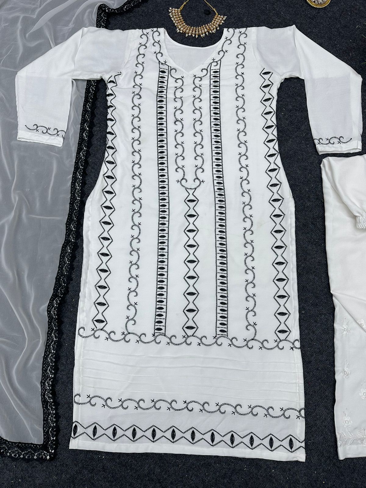Trending White Rayon Black Thread Work Readymade Suit for Women